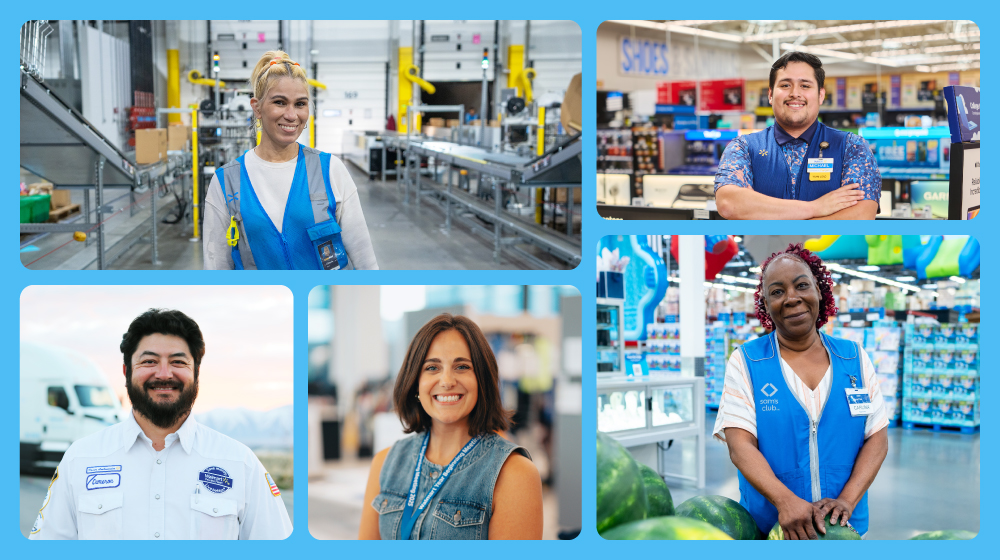 A collage featuring retail and warehouse employees in various settings. The top-left image shows a worker in a warehouse with industrial equipment in the background. The top-right and bottom-right images depict retail workers in blue vests inside a store environment. The bottom-left image shows a worker in a white uniform near a delivery truck. The center image highlights a person in casual denim attire. Visible text includes 'Stores' and 'O.'
