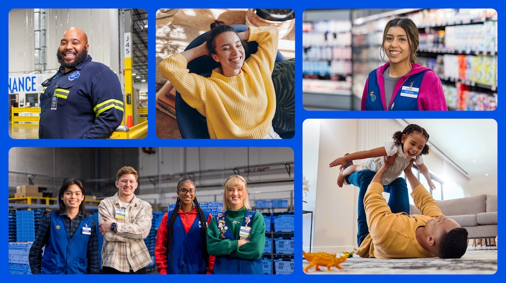 A collage features individuals including Walmart associates in various environments.