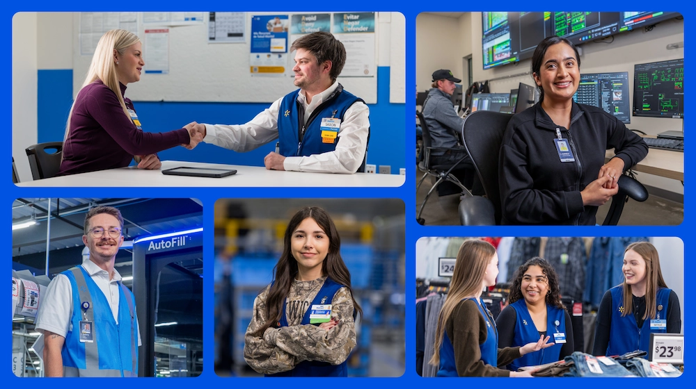 A collage features Walmart associates engaged in various activities.