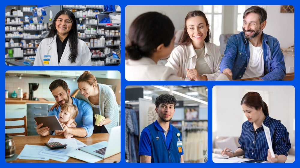A collage featuring various people in professional and family environments. 