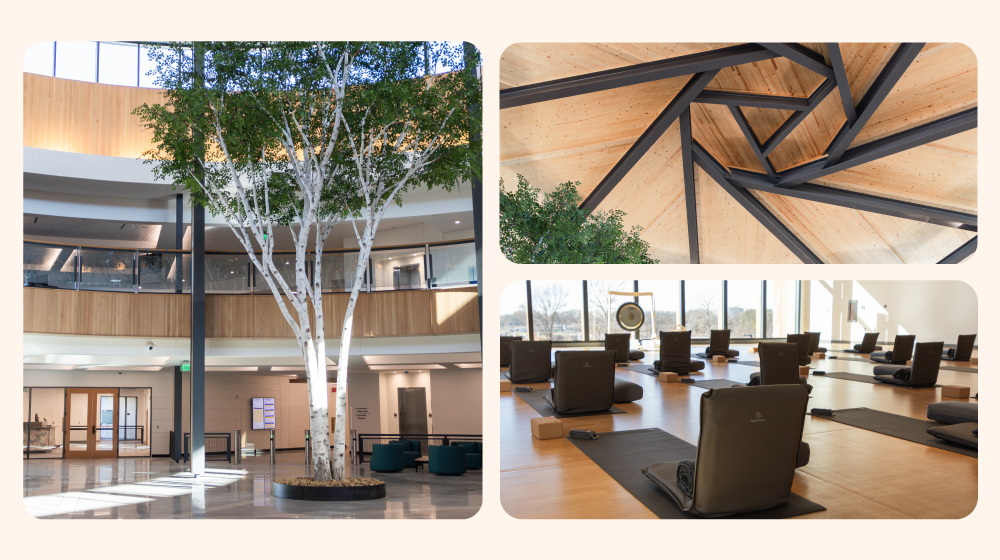 Walton Family Whole Health & Fitness collage shows three images of interior. Left is rotunda, top right is rotunda ceiling, bottom right is yoga studio.