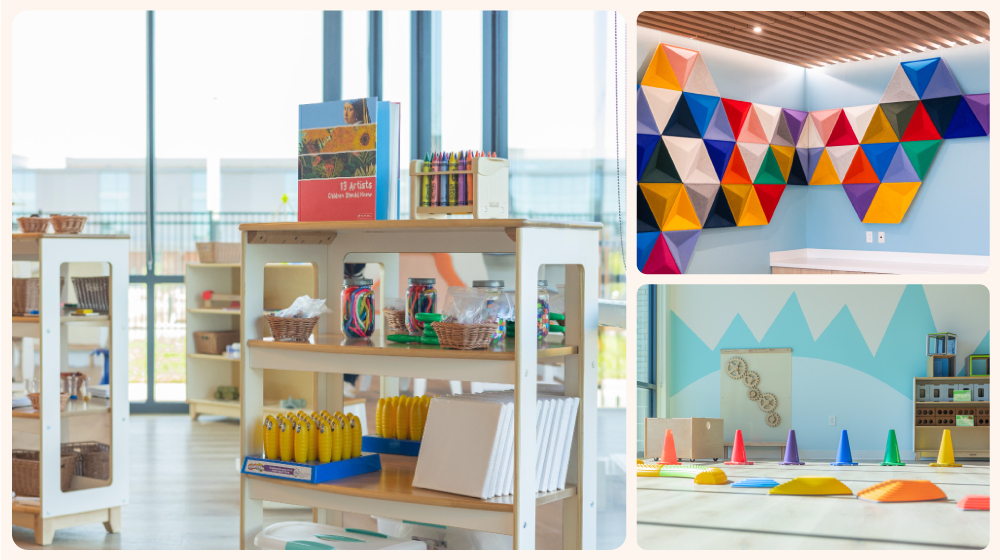 Three image collage of images from Little Squiggles interior. Left image: STEM lab math center. Top right: Colorful mosaic in welcome and reception area. Bottom right: Movement matters center.