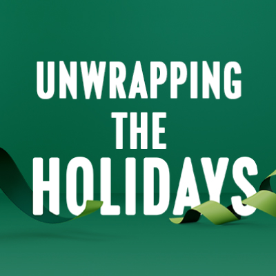 Green background with digital green ribbons. Text reads: "Unwrapping the Holidays"