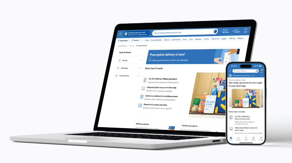 A laptop and mobile phone each show the Walmart Pharmacy Delivery website.