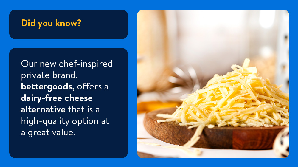 Collage of shredded cheese on a wooden board with text that reads, "Did you know? This dairy-free alternative is a healthy, high-quality option at a great value that is sourced from supplier right here in the U.S."