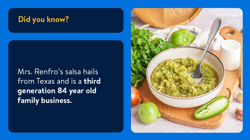 Collage of green salsa in bowl surrounded by ingredients and text that reads, "Mrs. Renfro's salsa hails from Texas and is a third generation 84 year old family business."