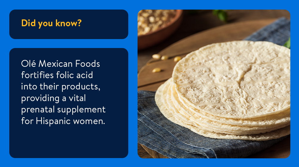 Collage with image of tortillas and text that reads, "Did you know? Ole Mexican Foods fortifies folic acid into their products, providing a vital prenatal supplement for Hispanic women."