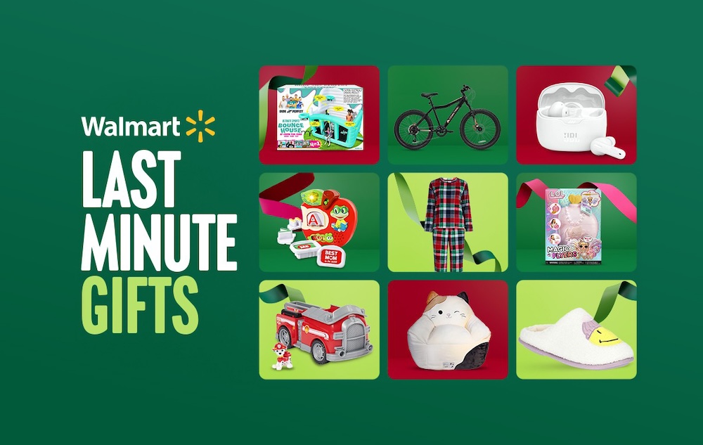 A collage of last-minute gift ideas from Walmart, including toys, clothes, and home goods.