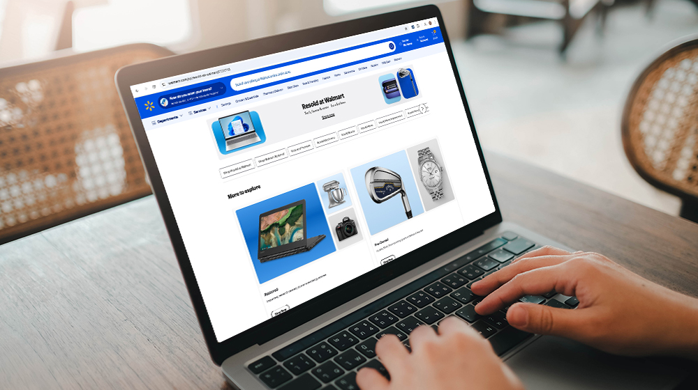 Laptop displaying the Resold at Walmart webpage.