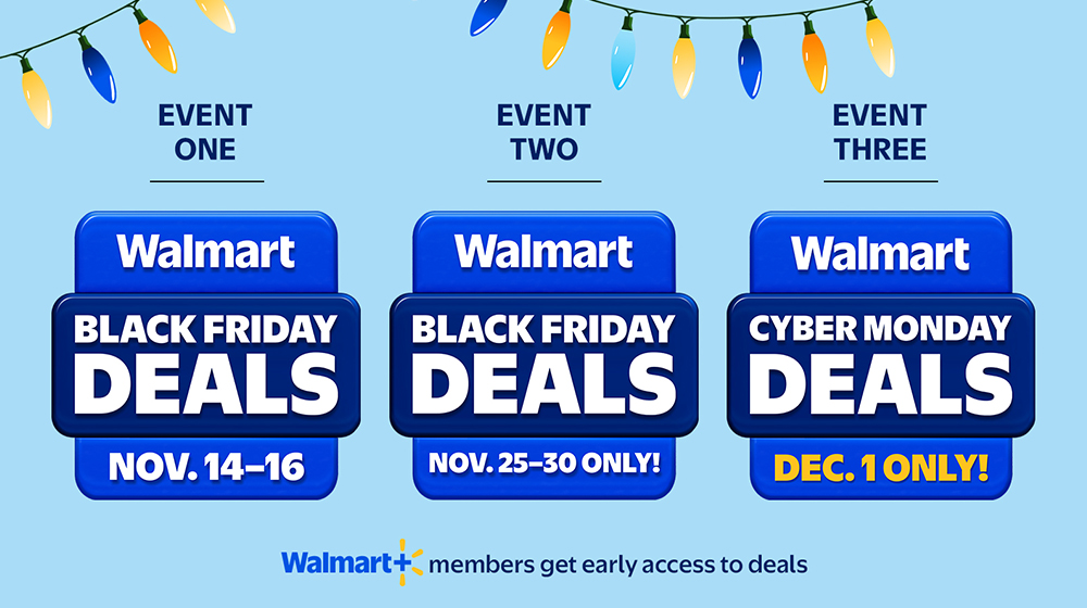 Promotional graphic showcasing Walmart's Black Friday and Cyber Monday deals. Event dates include November 14–16, November 25–30, and December 1. The design features blue banners with bold white text and festive string lights at the top. Walmart+ members are highlighted for early access to deals.