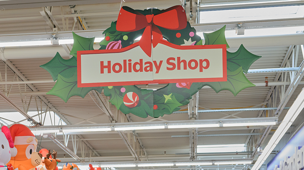 Holiday Shop sign with festive wreath