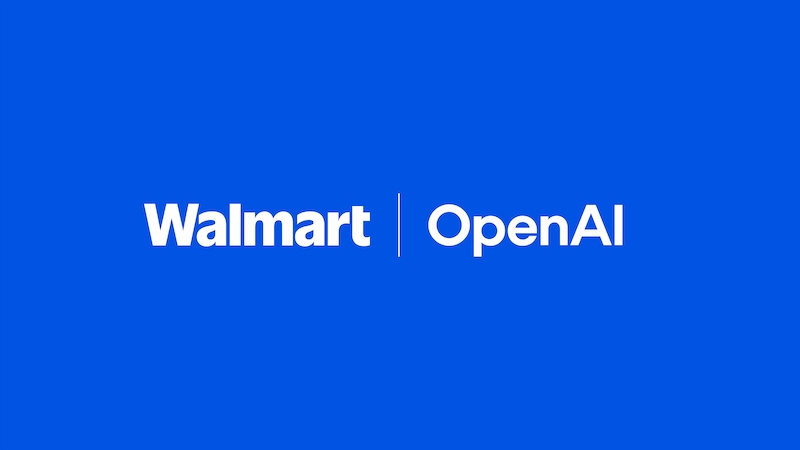 Walmart and OpenAI logos on a solid blue background.