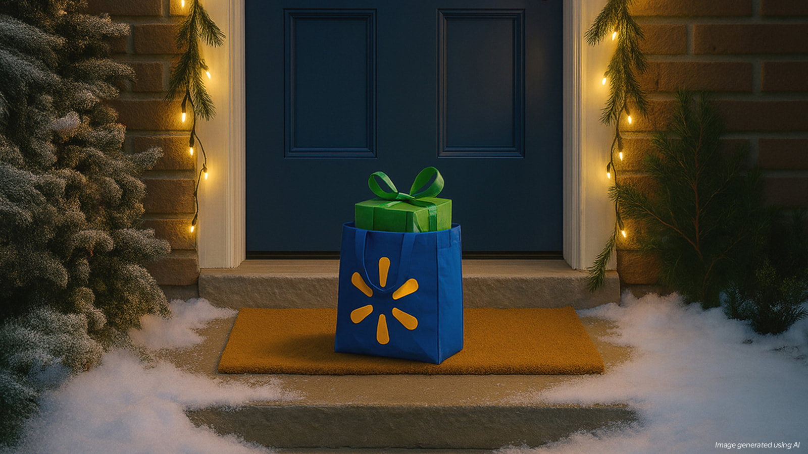 A blue Walmart bag with a yellow Spark sits on a doormat in front of a blue door. The bag contains a green-wrapped present with a bow. The scene is decorated with festive lights and snow-covered surroundings, evoking a holiday atmosphere.