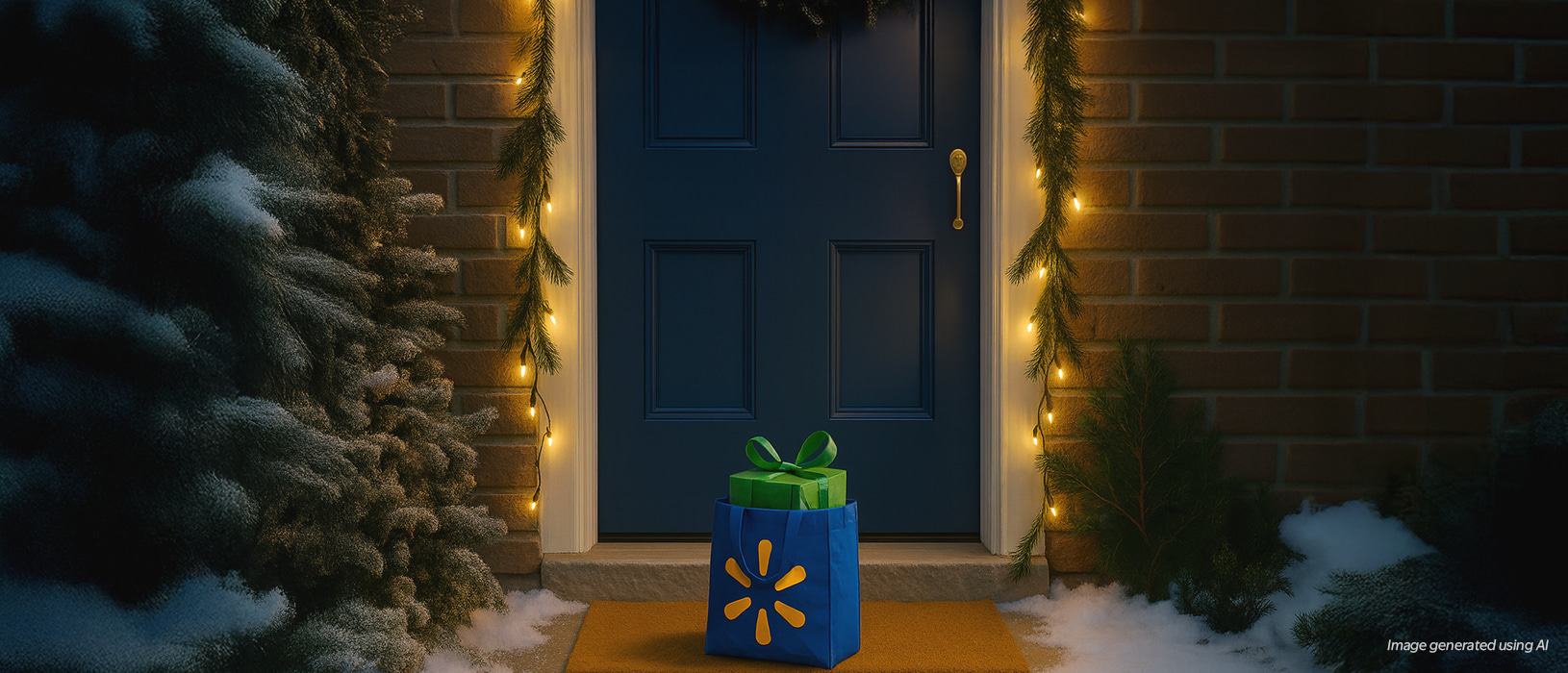 A blue Walmart bag with a yellow Spark sits on a doormat in front of a blue door. The bag contains a green-wrapped present with a bow. The scene is decorated with festive lights and snow-covered surroundings, evoking a holiday atmosphere.