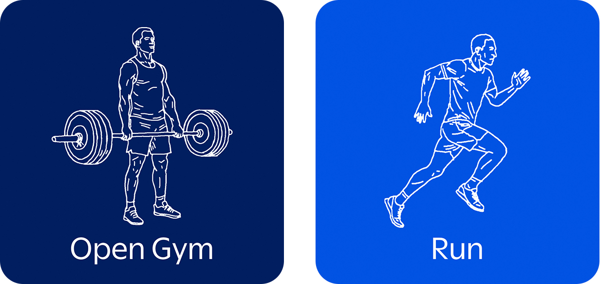 White line drawings depicting man lifting weights and a man running set against a solid blue background.