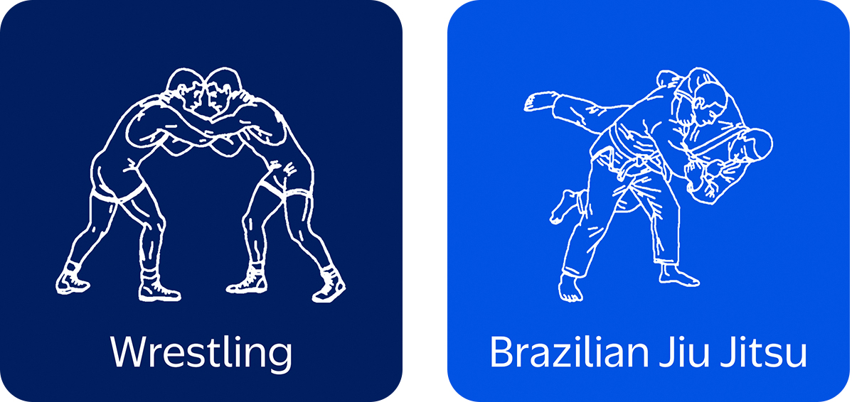 White line drawings depicting men wrestling and men engaged in Jiu Jitsu set against a solid blue background. 