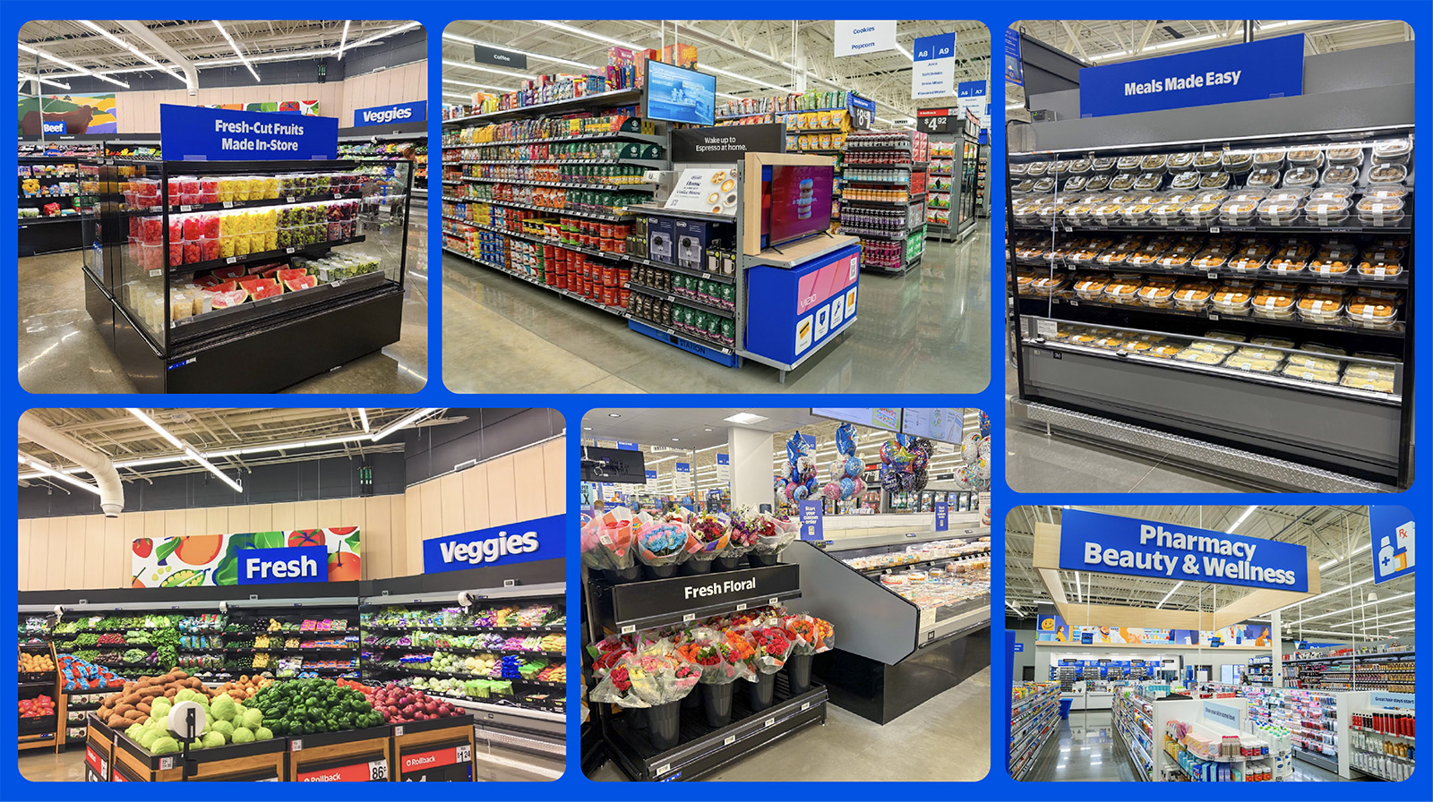 Collage of Walmart store departments including fresh produce, floral, meals, grocery aisles, and Pharmacy Beauty & Wellness signage.