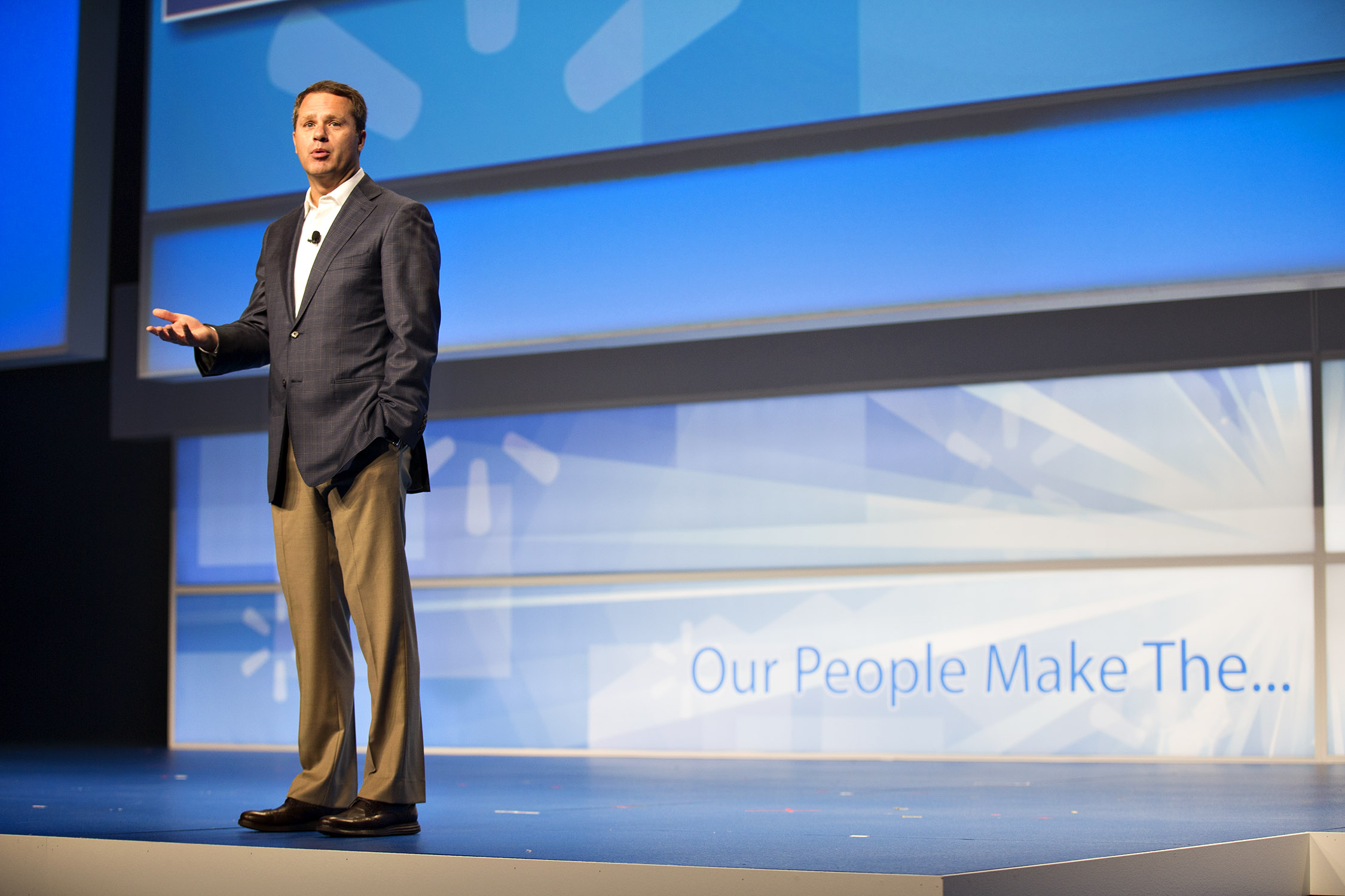 Doug McMillon On Stage Addressing Associates During Walmart Shareholders Week 2015