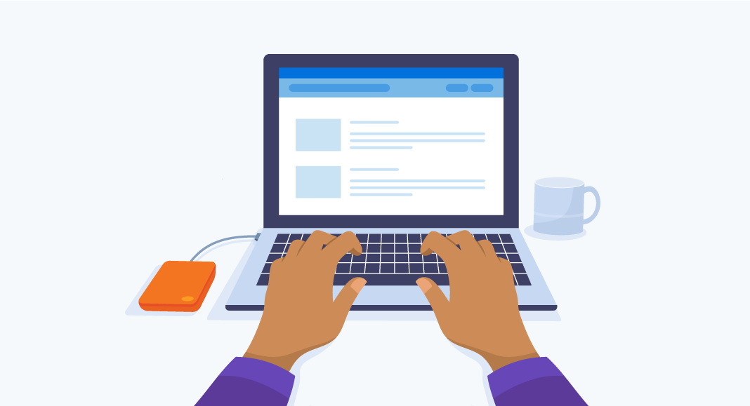 Illustration of person working on laptop with removable hard drive and cup of coffee beside them