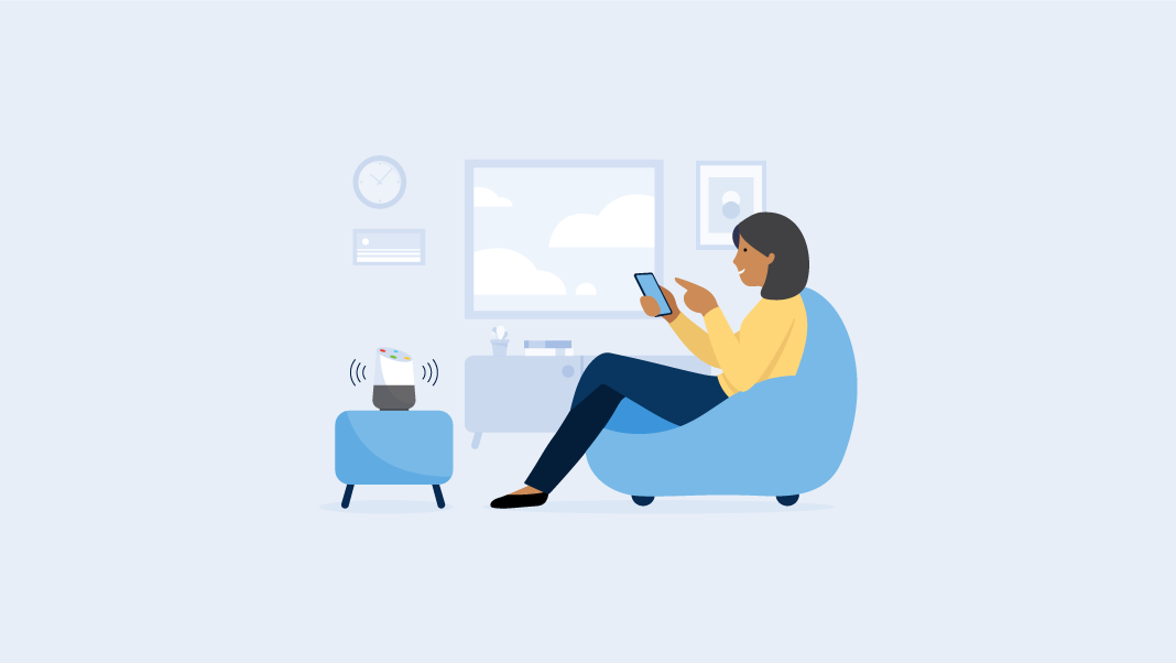 Illustration of person sitting in chair at home with smart devices around them