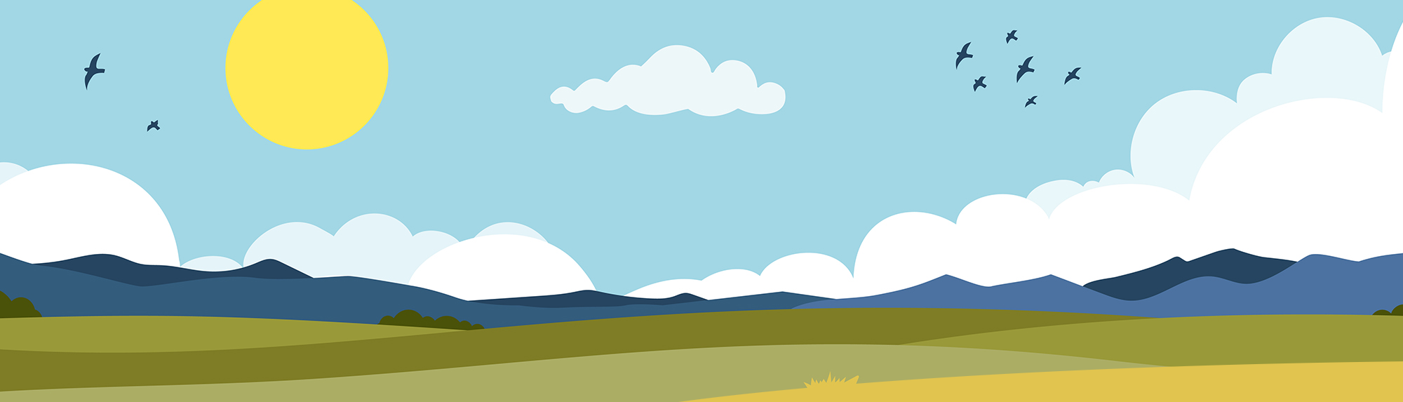 Illustration of a field, mountains, clouds, birds and the sun