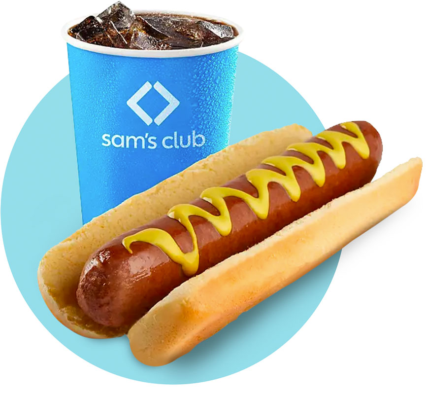 Cutout photo of Sam's Club hotdog and a soda cup.